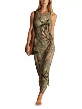 REISS/NYBG Lola Floral Ruched Jersey dress in khaki BNWT size M